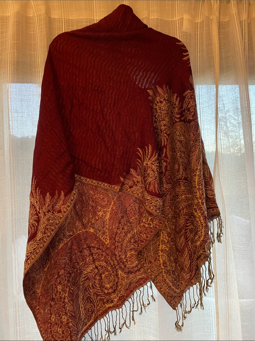 Elegant Burgundy Paisley Wrap with Gold-Tone Accents